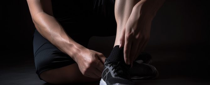 A person tying their shoe on the ground